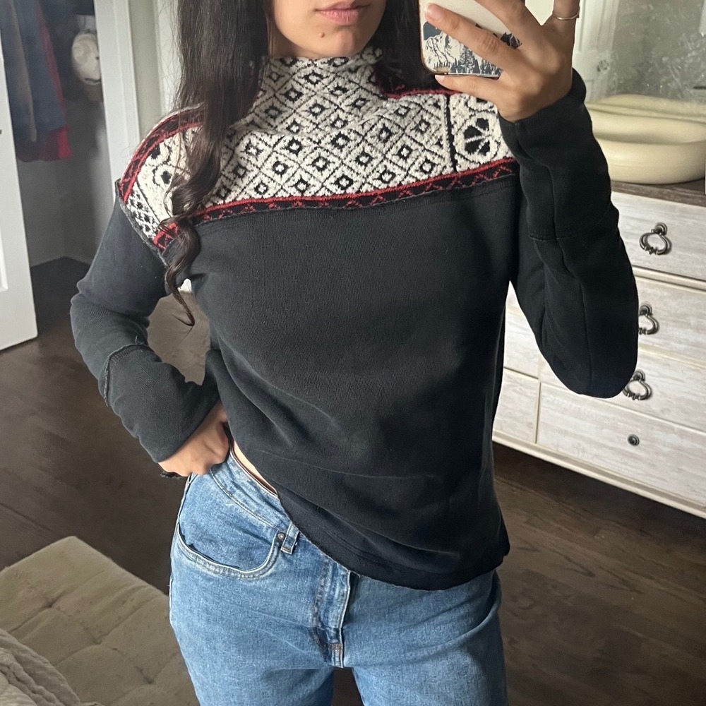 Free People Black Fair Isle Mock Neck Thermal Pullover Top XS Boho Patchwork